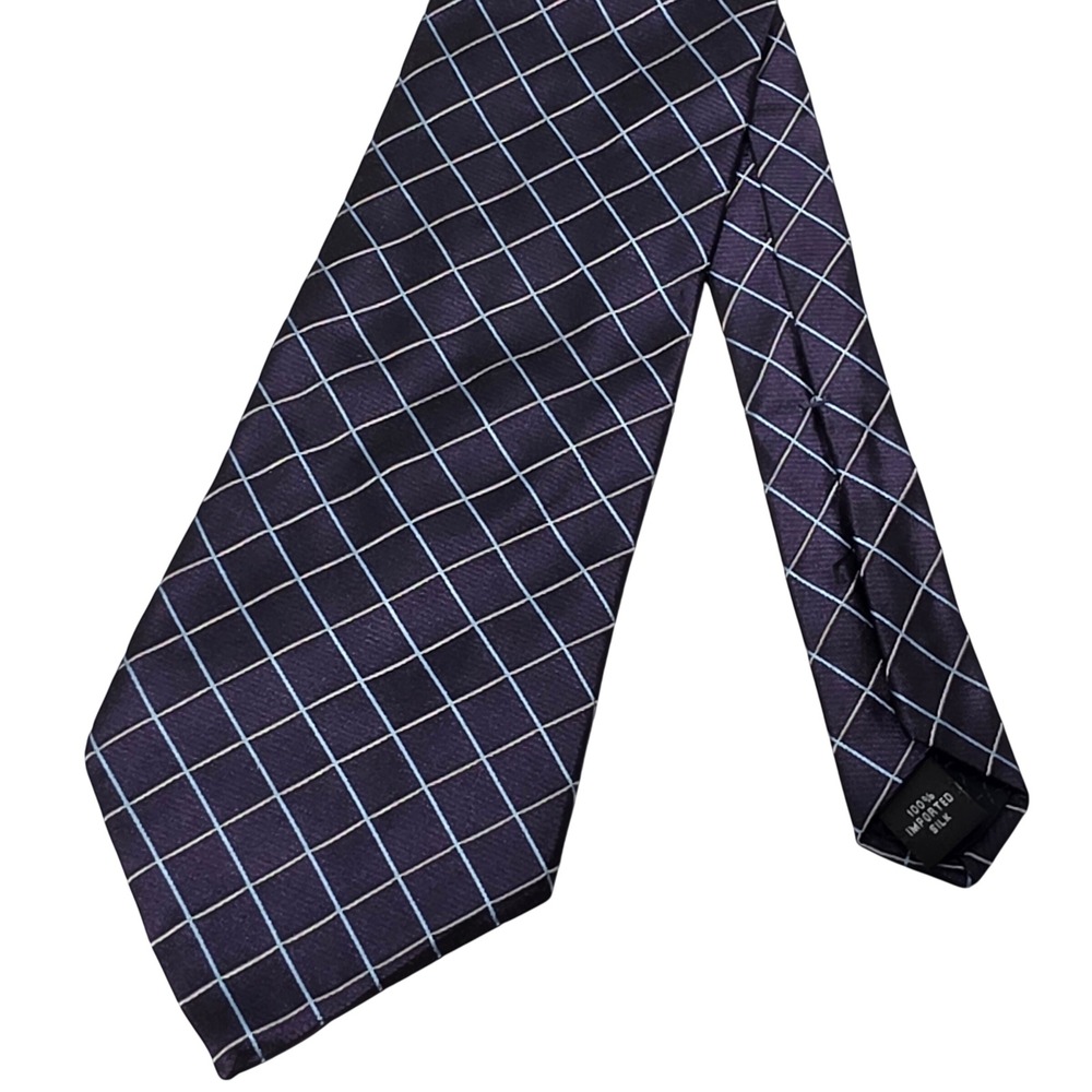 Jones New York Mens Silk Necktie Purple Blue White Grid Check Pattern 60 Inch